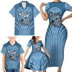 Cronulla Sutherland Sharks Rugby Mascot Family Matching Short Sleeve Bodycon Dress and Hawaiian Shirt Australian Rugby Culture - Tribal Inspired Sharks
