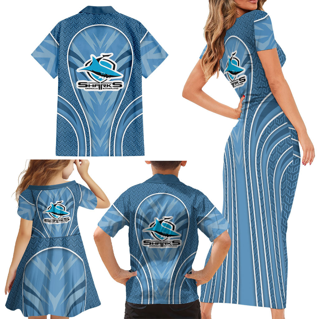 Cronulla Sutherland Sharks Rugby Mascot Family Matching Short Sleeve Bodycon Dress and Hawaiian Shirt Australian Rugby Culture - Tribal Inspired Sharks