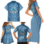 Cronulla Sutherland Sharks Rugby Mascot Family Matching Short Sleeve Bodycon Dress and Hawaiian Shirt Australian Rugby Culture - Tribal Inspired Sharks