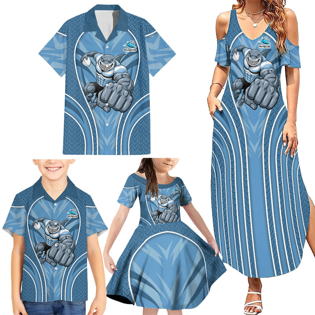 Cronulla Sutherland Sharks Rugby Mascot Family Matching Summer Maxi Dress and Hawaiian Shirt Australian Rugby Culture - Tribal Inspired Sharks