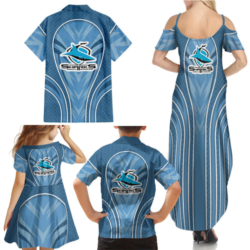 Cronulla Sutherland Sharks Rugby Mascot Family Matching Summer Maxi Dress and Hawaiian Shirt Australian Rugby Culture - Tribal Inspired Sharks