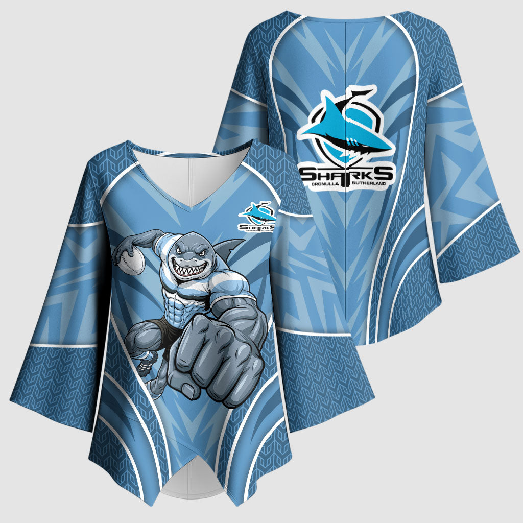 Cronulla Sutherland Sharks Rugby Mascot Kimono Sleeve Blouse Australian Rugby Culture - Tribal Inspired Sharks
