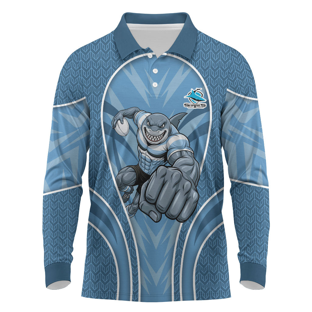 Cronulla Sutherland Sharks Rugby Mascot Long Sleeve Polo Shirt Australian Rugby Culture - Tribal Inspired Sharks