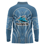Cronulla Sutherland Sharks Rugby Mascot Long Sleeve Polo Shirt Australian Rugby Culture - Tribal Inspired Sharks
