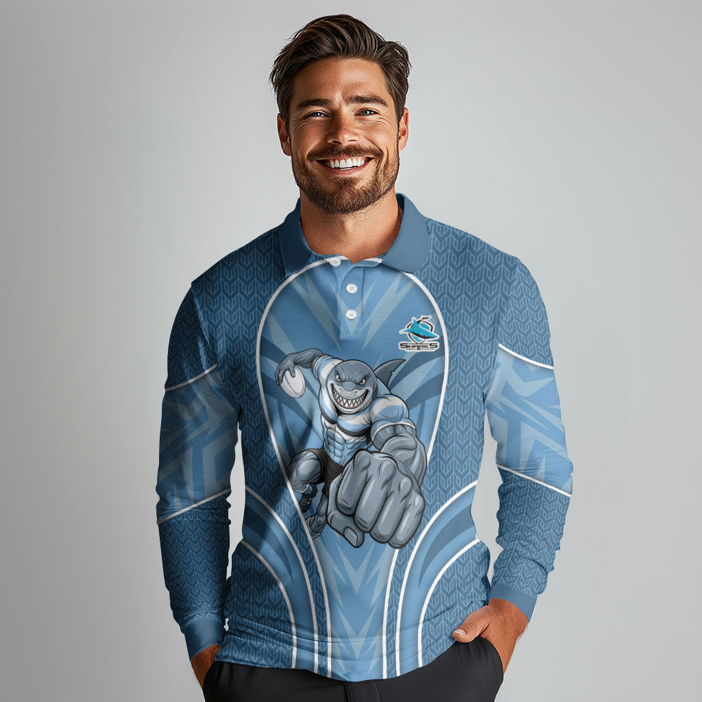 Cronulla Sutherland Sharks Rugby Mascot Long Sleeve Polo Shirt Australian Rugby Culture - Tribal Inspired Sharks