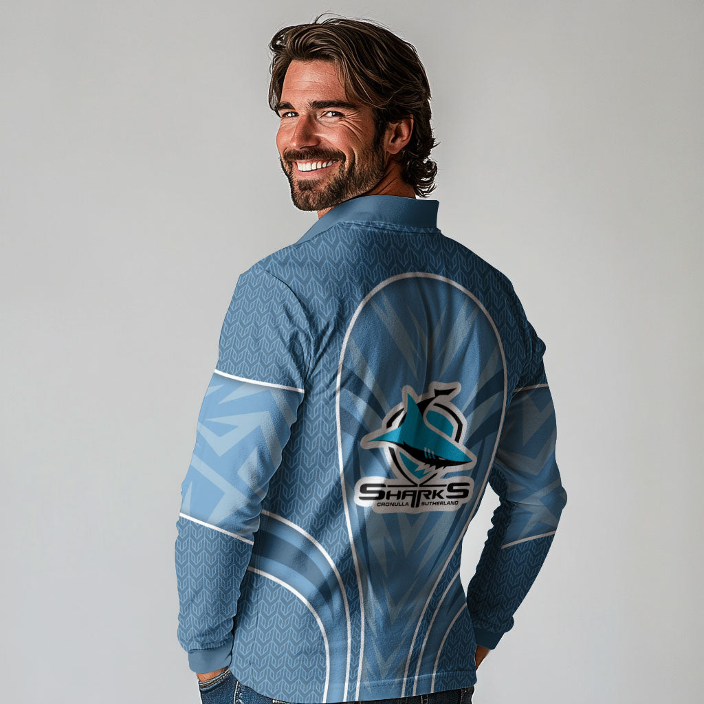 Cronulla Sutherland Sharks Rugby Mascot Long Sleeve Polo Shirt Australian Rugby Culture - Tribal Inspired Sharks