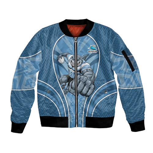 Cronulla Sutherland Sharks Rugby Mascot Sleeve Zip Bomber Jacket Australian Rugby Culture - Tribal Inspired Sharks