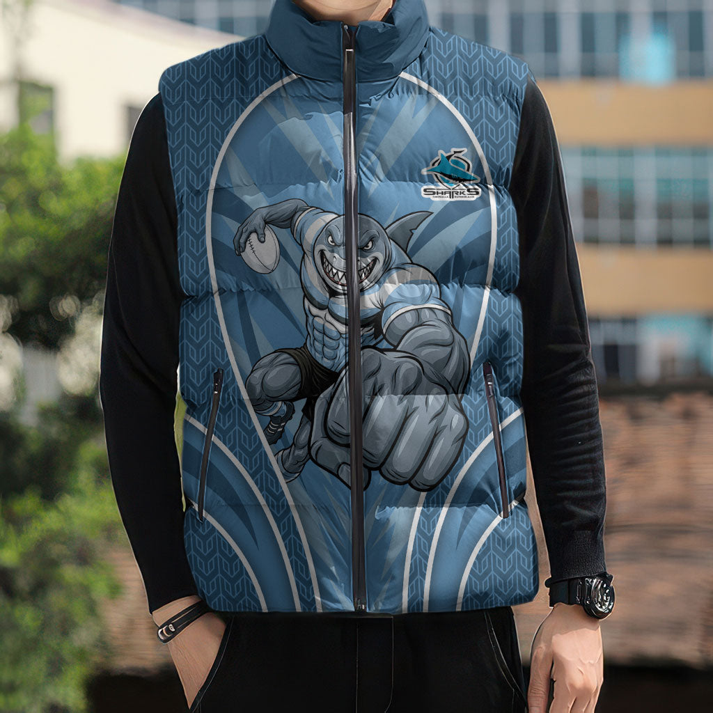 Cronulla Sutherland Sharks Rugby Mascot Sleeveless Puffer Jacket Australian Rugby Culture - Tribal Inspired Sharks