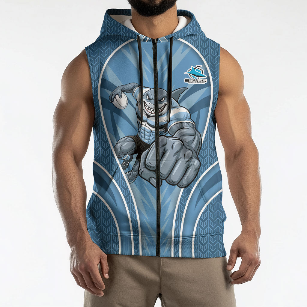 Cronulla Sutherland Sharks Rugby Mascot Sleeveless Zip Hoodie Australian Rugby Culture - Tribal Inspired Sharks