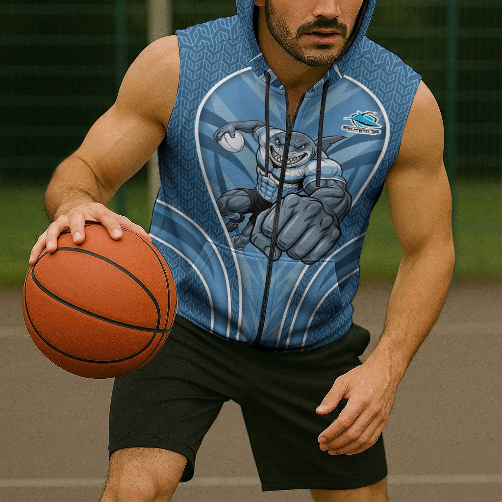 Cronulla Sutherland Sharks Rugby Mascot Sleeveless Zip Hoodie Australian Rugby Culture - Tribal Inspired Sharks