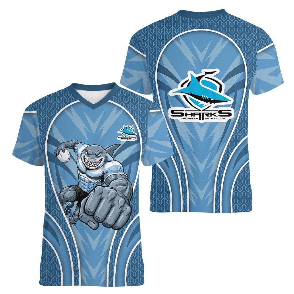 Cronulla Sutherland Sharks Rugby Mascot Women V-Neck T-Shirt Australian Rugby Culture - Tribal Inspired Sharks
