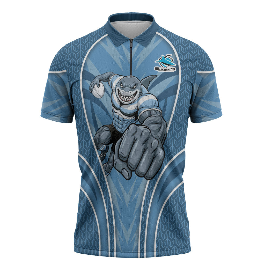 Cronulla Sutherland Sharks Rugby Mascot Zipper Polo Shirt Australian Rugby Culture - Tribal Inspired Sharks