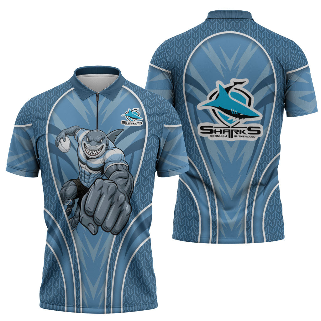 Cronulla Sutherland Sharks Rugby Mascot Zipper Polo Shirt Australian Rugby Culture - Tribal Inspired Sharks