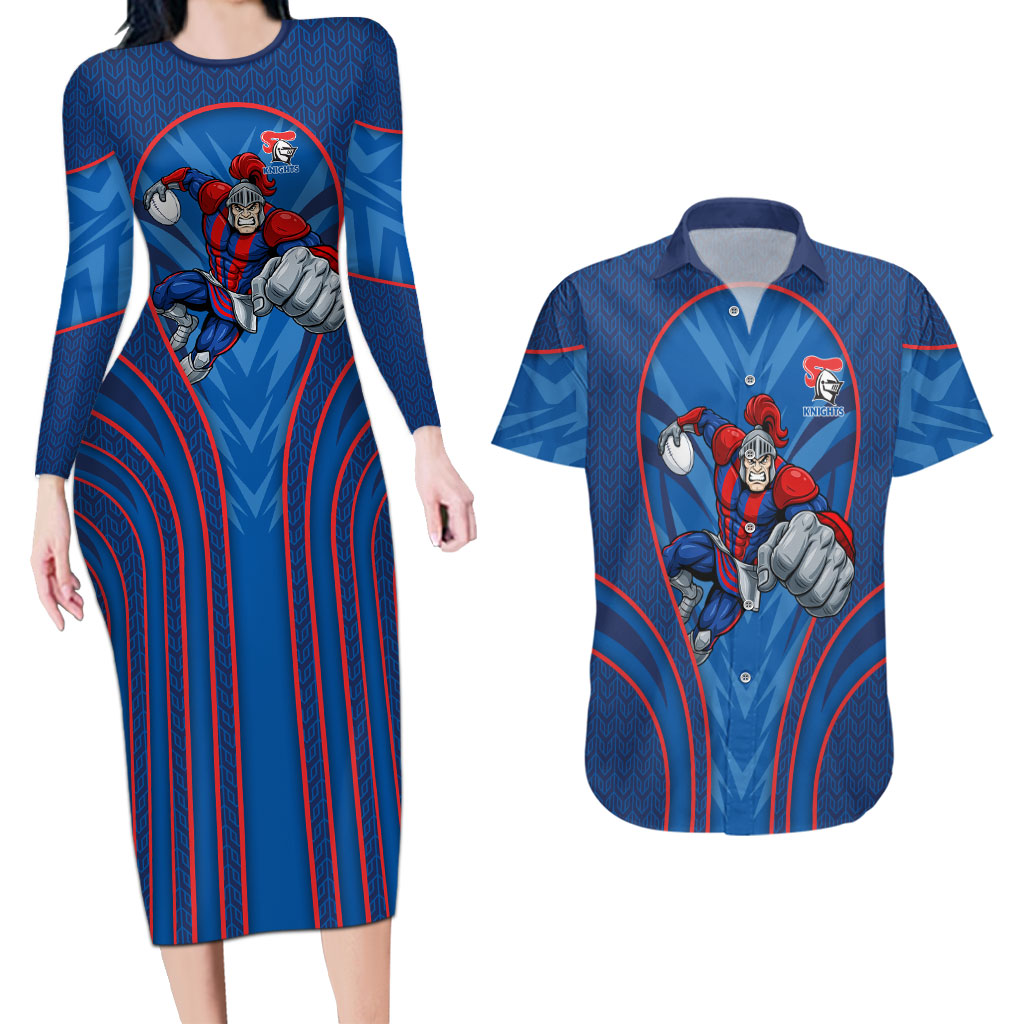 Newcastle Knights Rugby Mascot Couples Matching Long Sleeve Bodycon Dress and Hawaiian Shirt Australian Rugby Culture - Tribal Inspired Knight Warrior