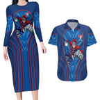Newcastle Knights Rugby Mascot Couples Matching Long Sleeve Bodycon Dress and Hawaiian Shirt Australian Rugby Culture - Tribal Inspired Knight Warrior