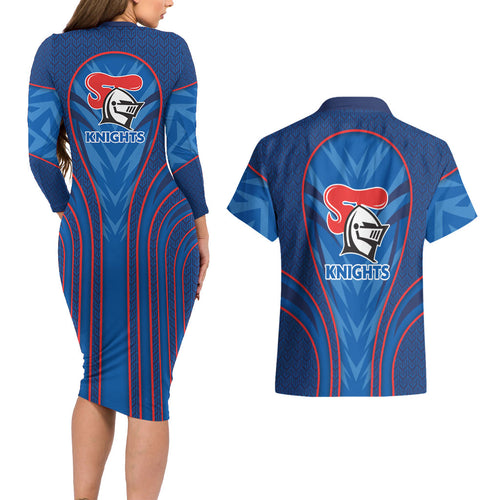Newcastle Knights Rugby Mascot Couples Matching Long Sleeve Bodycon Dress and Hawaiian Shirt Australian Rugby Culture - Tribal Inspired Knight Warrior