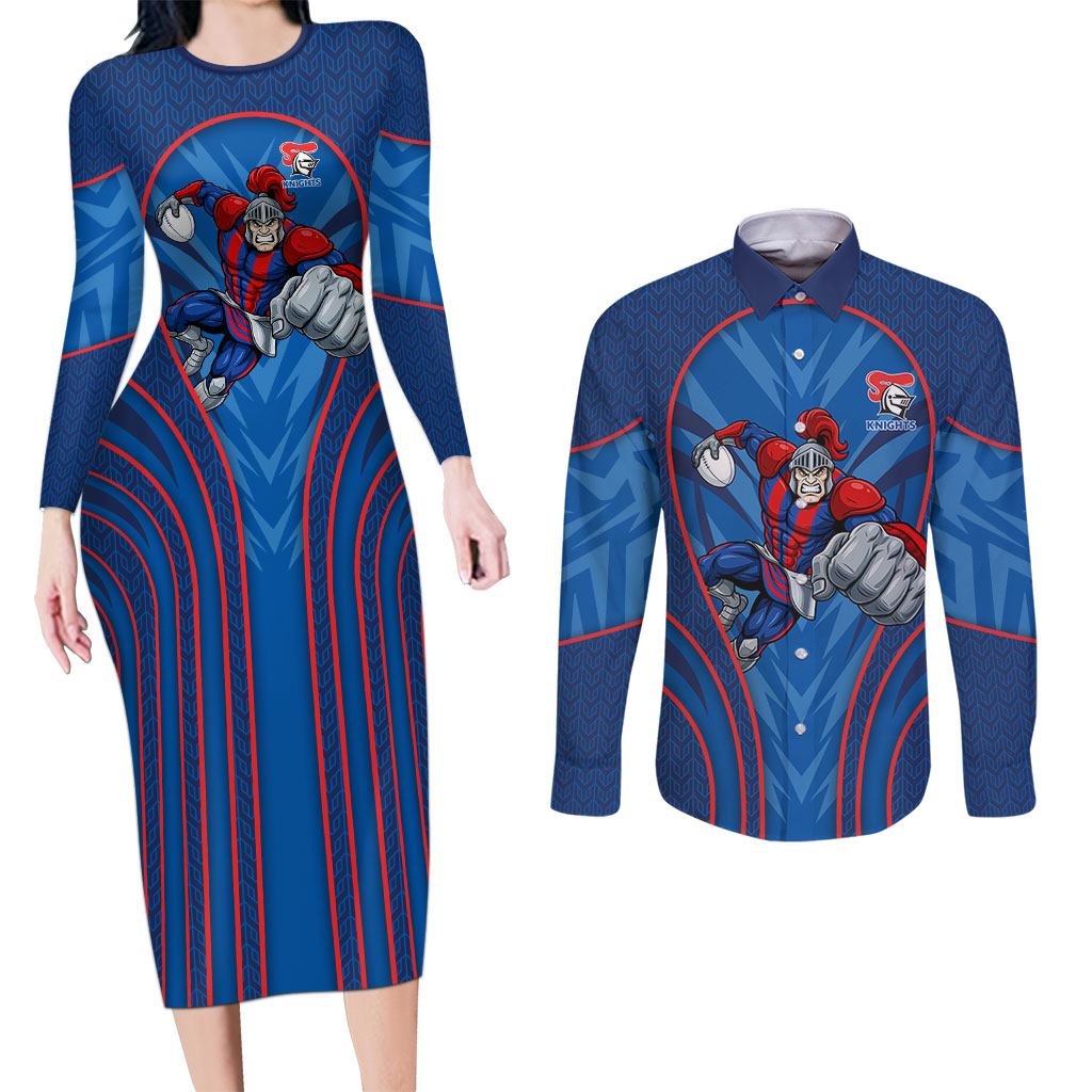 Newcastle Knights Rugby Mascot Couples Matching Long Sleeve Bodycon Dress and Long Sleeve Button Shirt Australian Rugby Culture - Tribal Inspired Knight Warrior