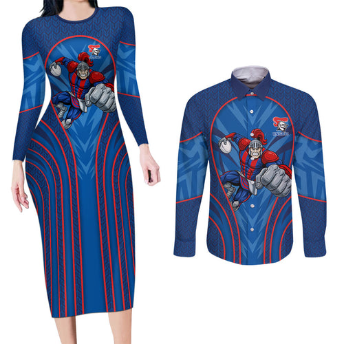 Newcastle Knights Rugby Mascot Couples Matching Long Sleeve Bodycon Dress and Long Sleeve Button Shirt Australian Rugby Culture - Tribal Inspired Knight Warrior