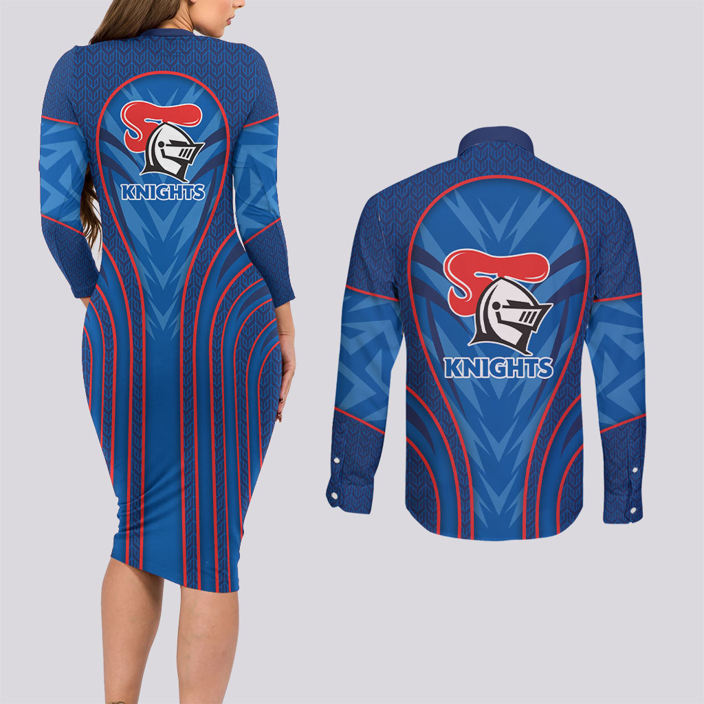Newcastle Knights Rugby Mascot Couples Matching Long Sleeve Bodycon Dress and Long Sleeve Button Shirt Australian Rugby Culture - Tribal Inspired Knight Warrior