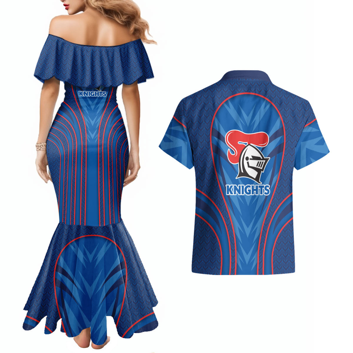 Newcastle Knights Rugby Mascot Couples Matching Mermaid Dress and Hawaiian Shirt Australian Rugby Culture - Tribal Inspired Knight Warrior