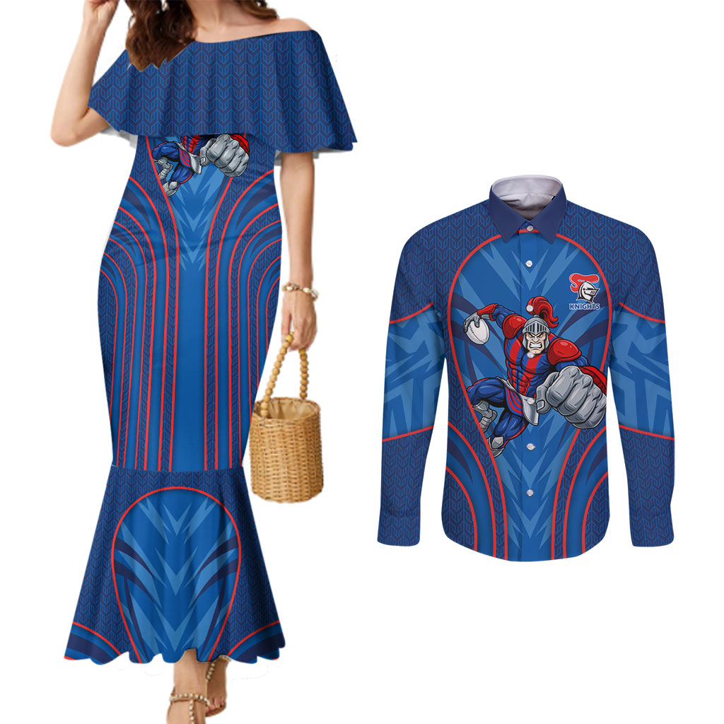 Newcastle Knights Rugby Mascot Couples Matching Mermaid Dress and Long Sleeve Button Shirt Australian Rugby Culture - Tribal Inspired Knight Warrior