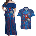 Newcastle Knights Rugby Mascot Couples Matching Off Shoulder Maxi Dress and Hawaiian Shirt Australian Rugby Culture - Tribal Inspired Knight Warrior