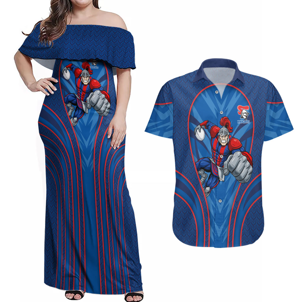 Newcastle Knights Rugby Mascot Couples Matching Off Shoulder Maxi Dress and Hawaiian Shirt Australian Rugby Culture - Tribal Inspired Knight Warrior