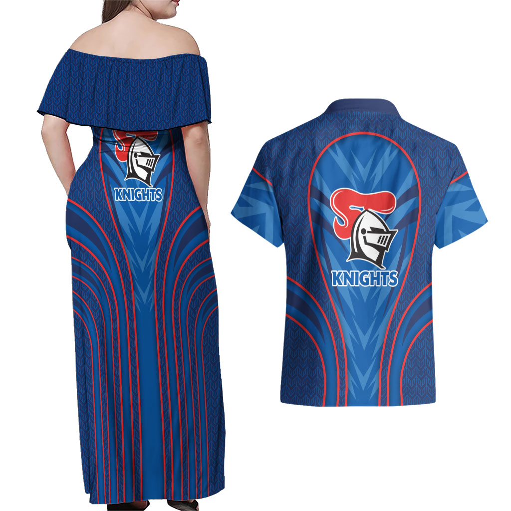 Newcastle Knights Rugby Mascot Couples Matching Off Shoulder Maxi Dress and Hawaiian Shirt Australian Rugby Culture - Tribal Inspired Knight Warrior