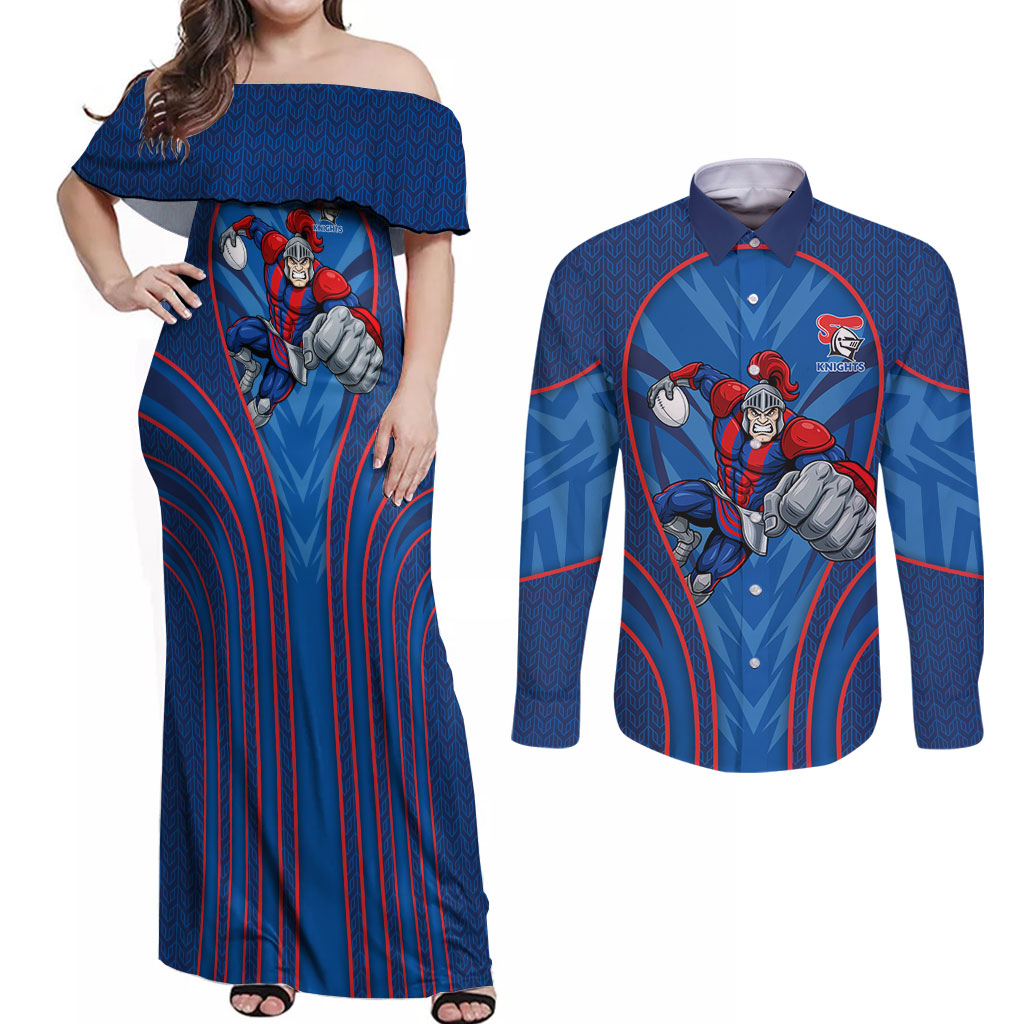 Newcastle Knights Rugby Mascot Couples Matching Off Shoulder Maxi Dress and Long Sleeve Button Shirt Australian Rugby Culture - Tribal Inspired Knight Warrior