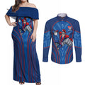 Newcastle Knights Rugby Mascot Couples Matching Off Shoulder Maxi Dress and Long Sleeve Button Shirt Australian Rugby Culture - Tribal Inspired Knight Warrior