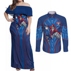 Newcastle Knights Rugby Mascot Couples Matching Off Shoulder Maxi Dress and Long Sleeve Button Shirt Australian Rugby Culture - Tribal Inspired Knight Warrior