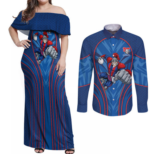 Newcastle Knights Rugby Mascot Couples Matching Off Shoulder Maxi Dress and Long Sleeve Button Shirt Australian Rugby Culture - Tribal Inspired Knight Warrior
