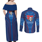 Newcastle Knights Rugby Mascot Couples Matching Off Shoulder Maxi Dress and Long Sleeve Button Shirt Australian Rugby Culture - Tribal Inspired Knight Warrior