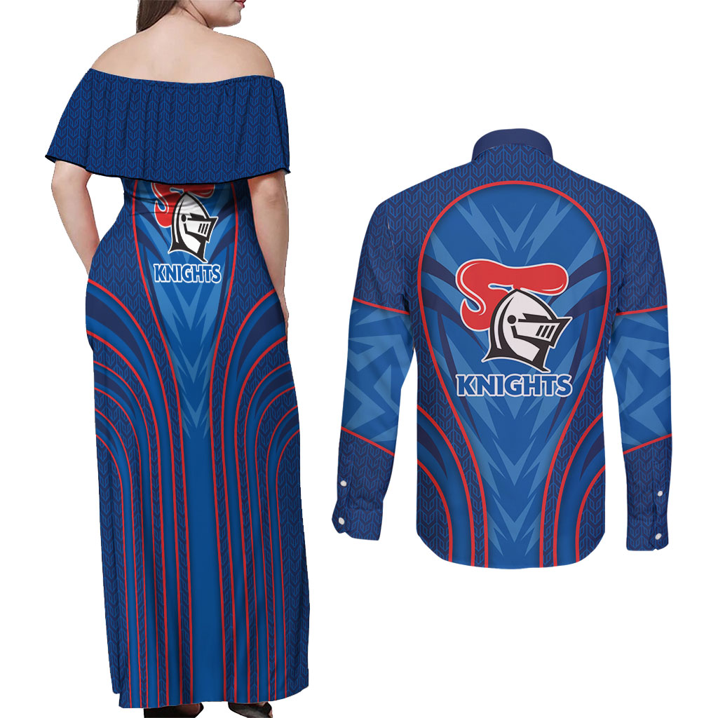 Newcastle Knights Rugby Mascot Couples Matching Off Shoulder Maxi Dress and Long Sleeve Button Shirt Australian Rugby Culture - Tribal Inspired Knight Warrior