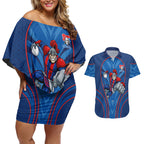 Newcastle Knights Rugby Mascot Couples Matching Off Shoulder Short Dress and Hawaiian Shirt Australian Rugby Culture - Tribal Inspired Knight Warrior