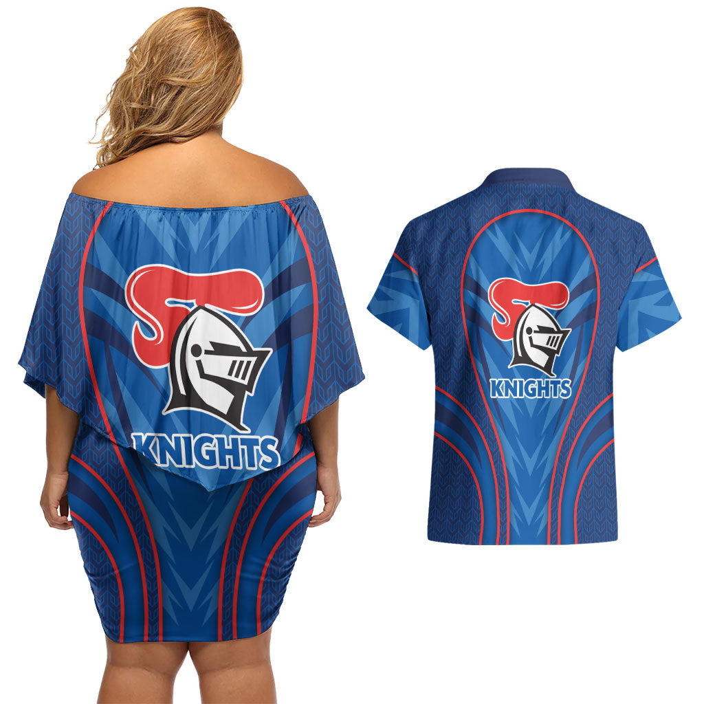 Newcastle Knights Rugby Mascot Couples Matching Off Shoulder Short Dress and Hawaiian Shirt Australian Rugby Culture - Tribal Inspired Knight Warrior