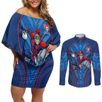 Newcastle Knights Rugby Mascot Couples Matching Off Shoulder Short Dress and Long Sleeve Button Shirt Australian Rugby Culture - Tribal Inspired Knight Warrior