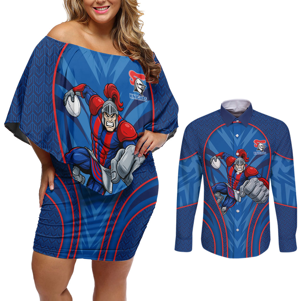 Newcastle Knights Rugby Mascot Couples Matching Off Shoulder Short Dress and Long Sleeve Button Shirt Australian Rugby Culture - Tribal Inspired Knight Warrior