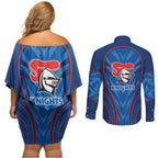 Newcastle Knights Rugby Mascot Couples Matching Off Shoulder Short Dress and Long Sleeve Button Shirt Australian Rugby Culture - Tribal Inspired Knight Warrior