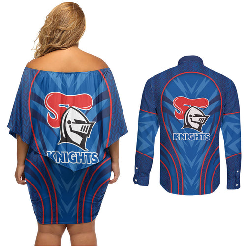Newcastle Knights Rugby Mascot Couples Matching Off Shoulder Short Dress and Long Sleeve Button Shirt Australian Rugby Culture - Tribal Inspired Knight Warrior