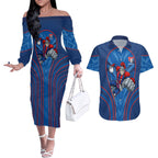 Newcastle Knights Rugby Mascot Couples Matching Off The Shoulder Long Sleeve Dress and Hawaiian Shirt Australian Rugby Culture - Tribal Inspired Knight Warrior
