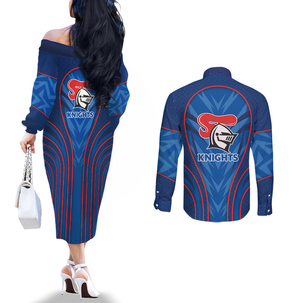 Newcastle Knights Rugby Mascot Couples Matching Off The Shoulder Long Sleeve Dress and Long Sleeve Button Shirt Australian Rugby Culture - Tribal Inspired Knight Warrior