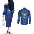 Newcastle Knights Rugby Mascot Couples Matching Off The Shoulder Long Sleeve Dress and Long Sleeve Button Shirt Australian Rugby Culture - Tribal Inspired Knight Warrior