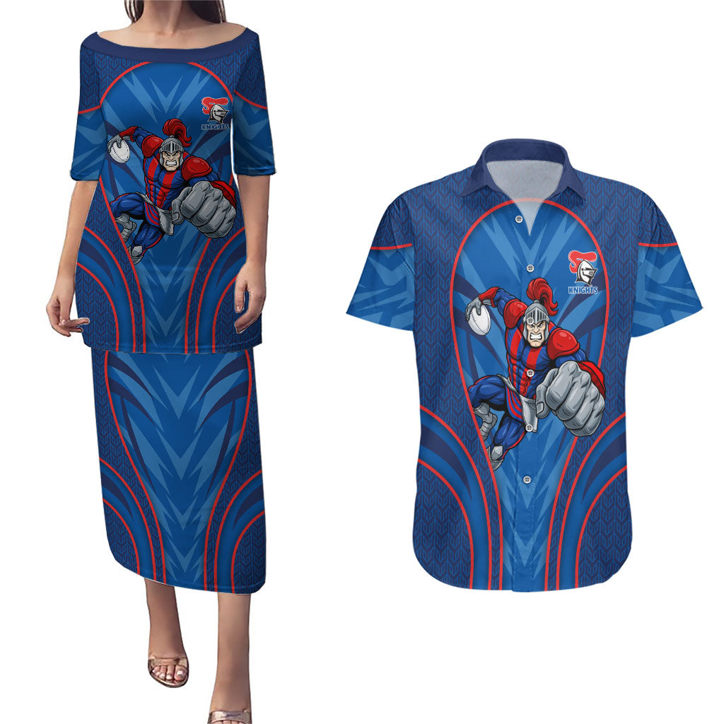 Newcastle Knights Rugby Mascot Couples Matching Puletasi and Hawaiian Shirt Australian Rugby Culture - Tribal Inspired Knight Warrior