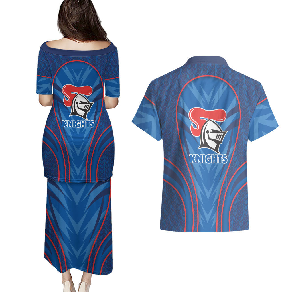 Newcastle Knights Rugby Mascot Couples Matching Puletasi and Hawaiian Shirt Australian Rugby Culture - Tribal Inspired Knight Warrior
