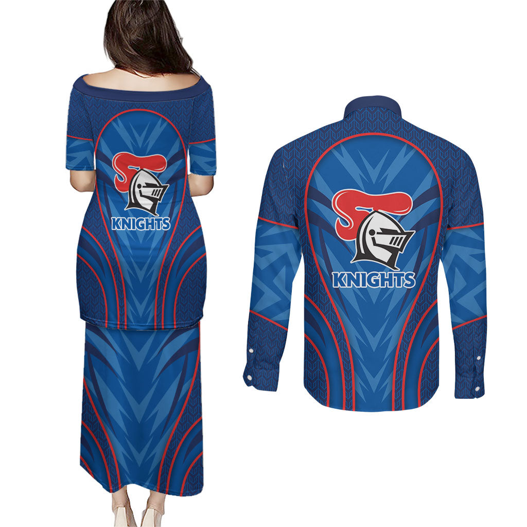 Newcastle Knights Rugby Mascot Couples Matching Puletasi and Long Sleeve Button Shirt Australian Rugby Culture - Tribal Inspired Knight Warrior