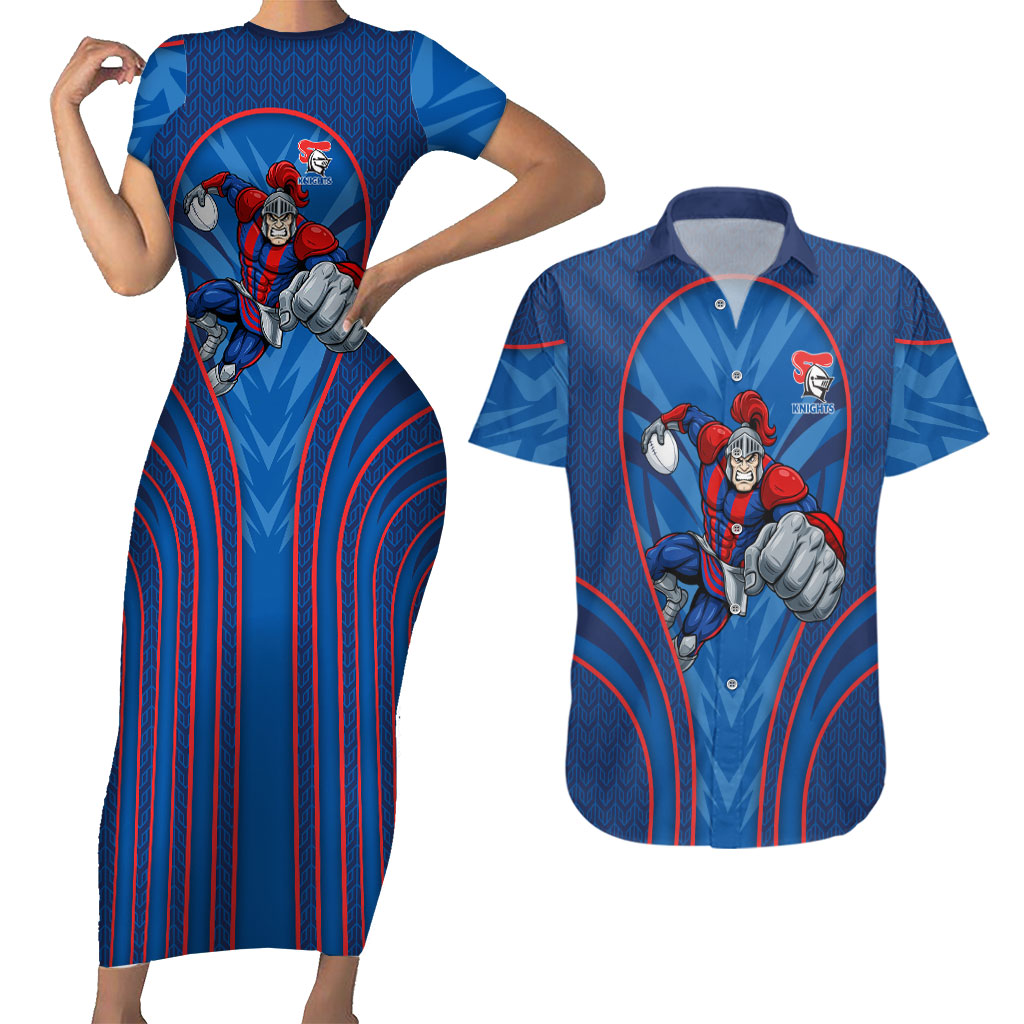 Newcastle Knights Rugby Mascot Couples Matching Short Sleeve Bodycon Dress and Hawaiian Shirt Australian Rugby Culture - Tribal Inspired Knight Warrior