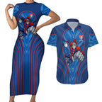 Newcastle Knights Rugby Mascot Couples Matching Short Sleeve Bodycon Dress and Hawaiian Shirt Australian Rugby Culture - Tribal Inspired Knight Warrior