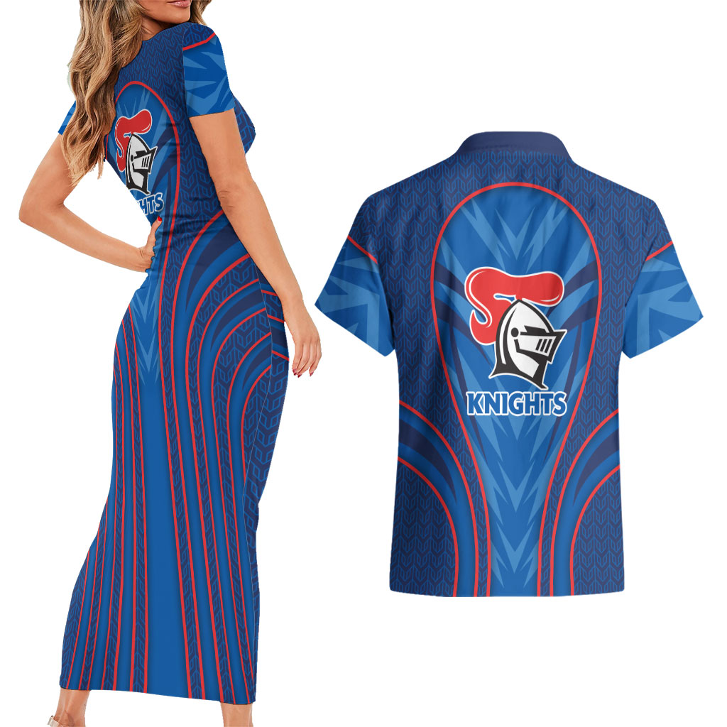 Newcastle Knights Rugby Mascot Couples Matching Short Sleeve Bodycon Dress and Hawaiian Shirt Australian Rugby Culture - Tribal Inspired Knight Warrior