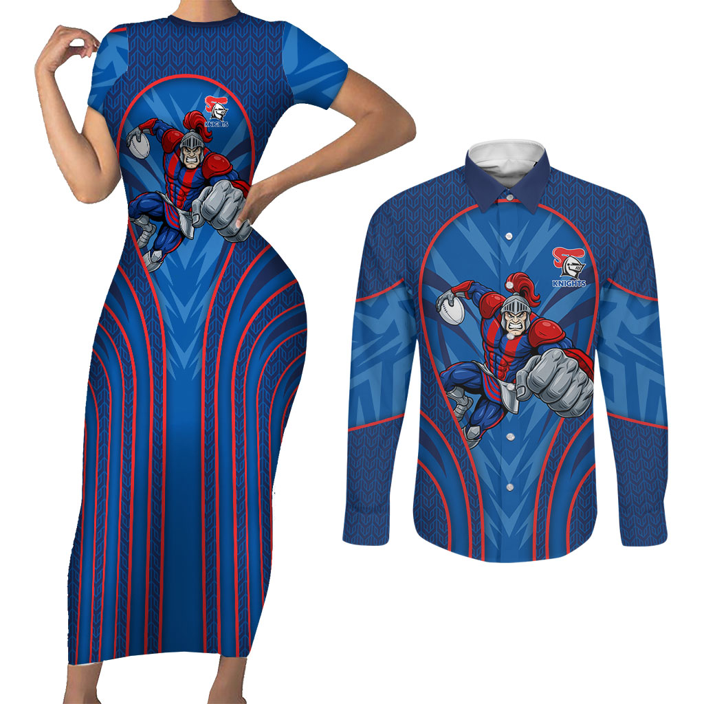Newcastle Knights Rugby Mascot Couples Matching Short Sleeve Bodycon Dress and Long Sleeve Button Shirt Australian Rugby Culture - Tribal Inspired Knight Warrior